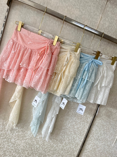 Lacey Tiered Ruched Up Mini Skirt